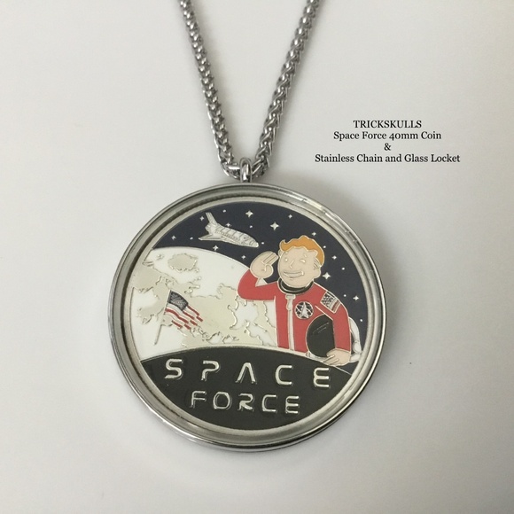 Space Force Enamel Coin in Stainless and Glass Locket & Custom Wheat Link Chain - Picture 8 of 10